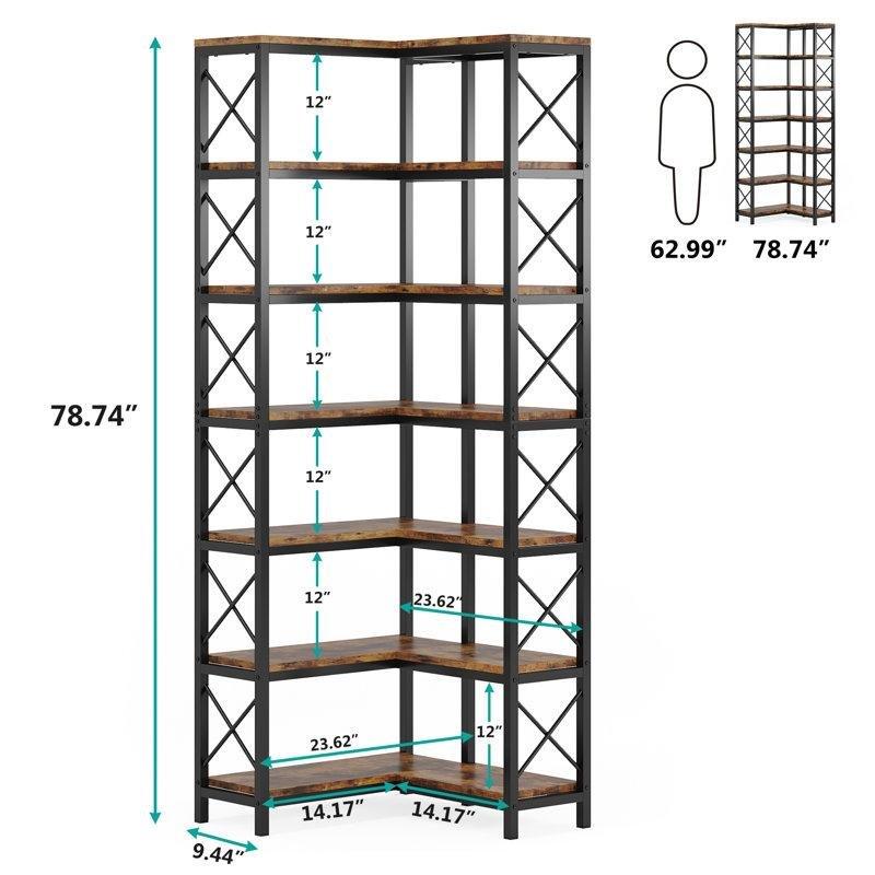 Rustik Kahverengi Siyah Metal ve Endüstriyel Ahşap 14 Raflı L Tipi Köşe Kitaplık - 200x60x60 cm - 141940