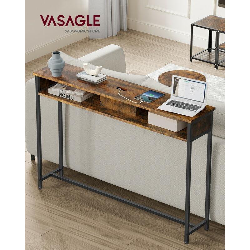 Rustik Kahverengi ve Siyah Çelik Priz ve USB Çıkışlı Gizli Bölmeli Dresuar - 120x25x82 cm - 133813