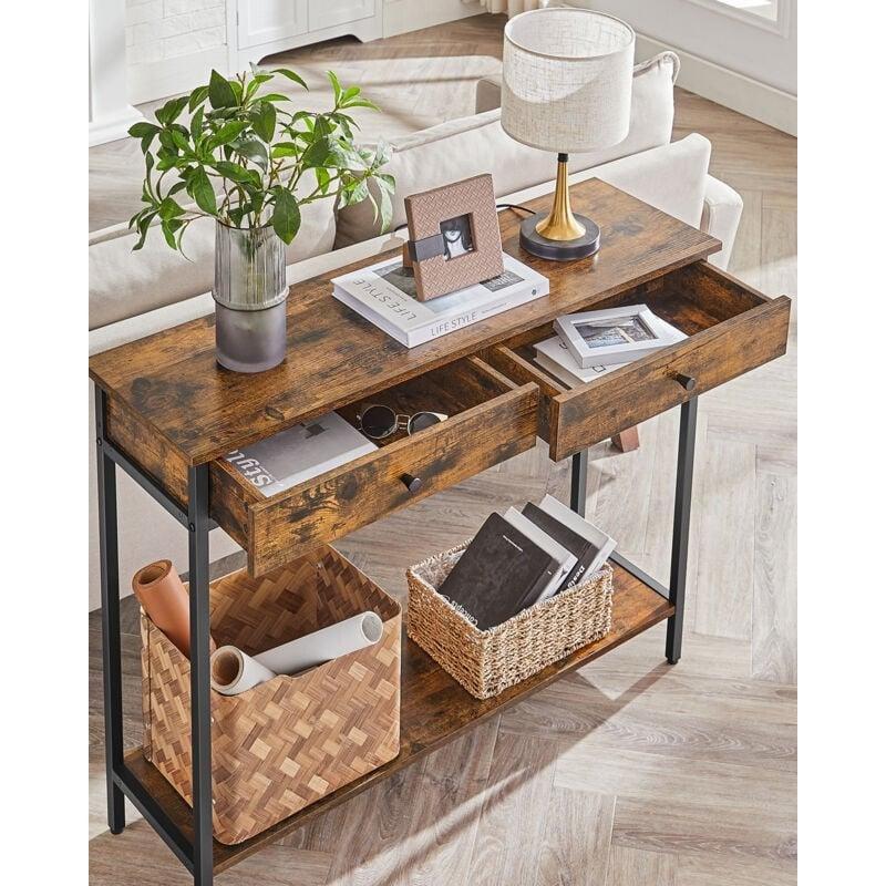 Rustik Kahverengi ve Siyah Metal Ahşap 2 Çekmeceli Raflı Dresuar - 100x30x80 cm - 134042