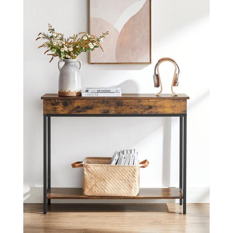 Rustik Kahverengi ve Siyah Metal Ahşap 2 Çekmeceli Raflı Dresuar - 100x30x80 cm - 134042