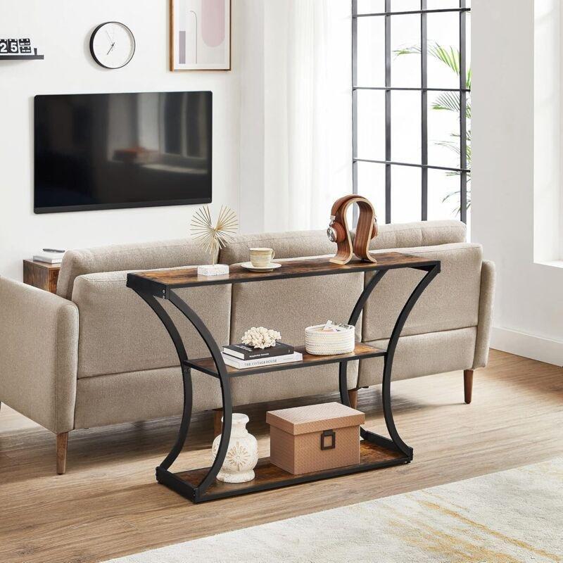 Rustik Kahverengi ve Siyah Metal Ahşap Kavisli Ayaklı Raflı Dresuar - 120x30x80 cm - 134019