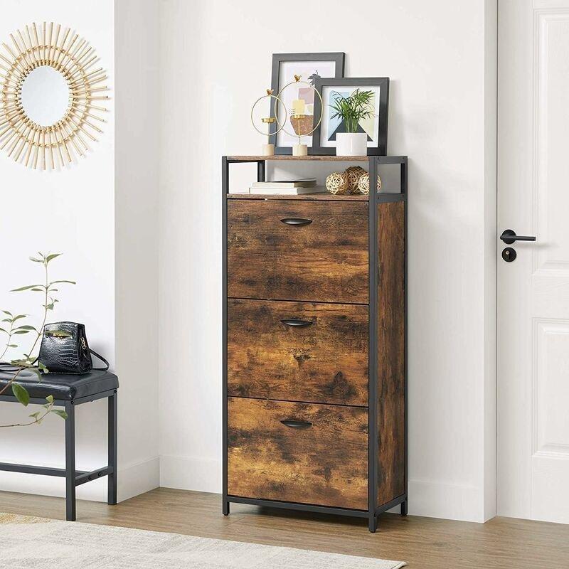 Rustik Kahverengi ve Siyah Metal Çerçeveli 3 Düşer Kapaklı Açık Raflı Ayakkabılık - 60 x 30 x 130 cm - 120496