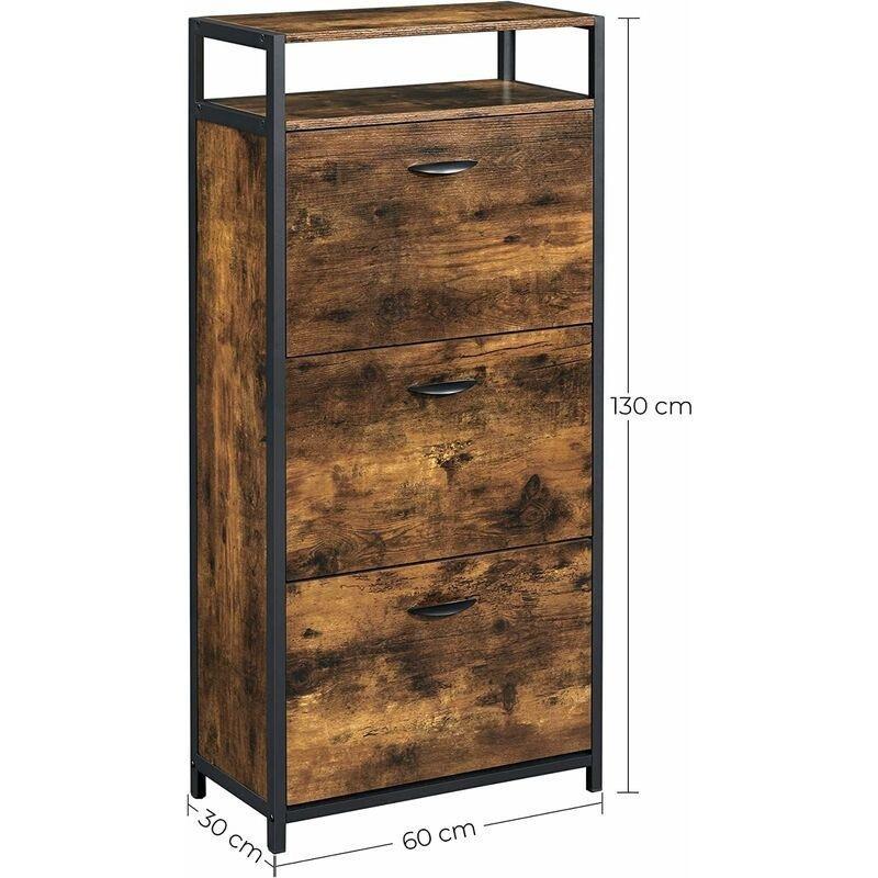 Rustik Kahverengi ve Siyah Metal Çerçeveli 3 Düşer Kapaklı Açık Raflı Ayakkabılık - 60 x 30 x 130 cm - 120496