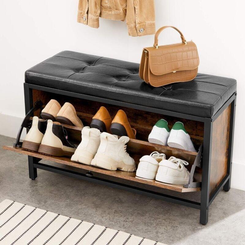 Rustik Kahverengi ve Siyah Metal Çerçeveli Suni Deri Döşemeli Düşer Kapaklı Ayakkabılık Bench - 80x30x51 cm - 120467