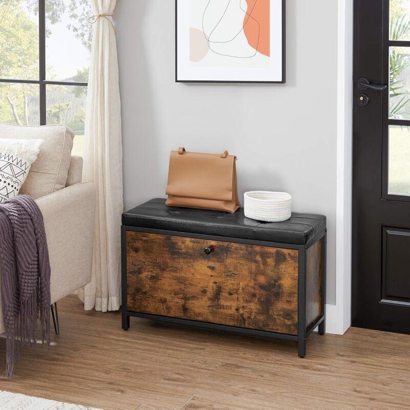Rustik Kahverengi ve Siyah Metal Çerçeveli Suni Deri Döşemeli Düşer Kapaklı Ayakkabılık Bench - 80x30x51 cm - 120467