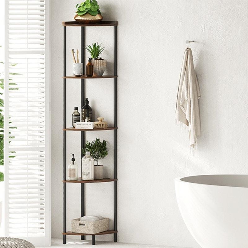 Rustik Kahverengi ve Siyah Metal Endüstriyel Ahşap 5 Raflı Köşe Kitaplık - 165x31x31 cm - 141856