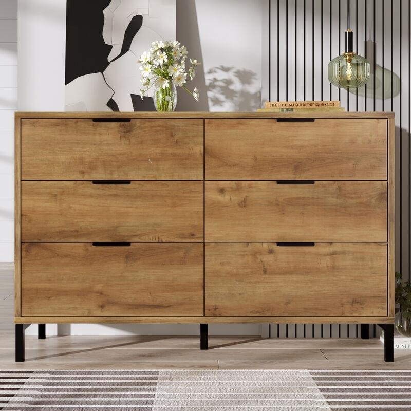 Rustik Koyu Meşe Ahşap ve Metal 6 Çekmeceli Şifonyer-120x40x76 cm - 123455