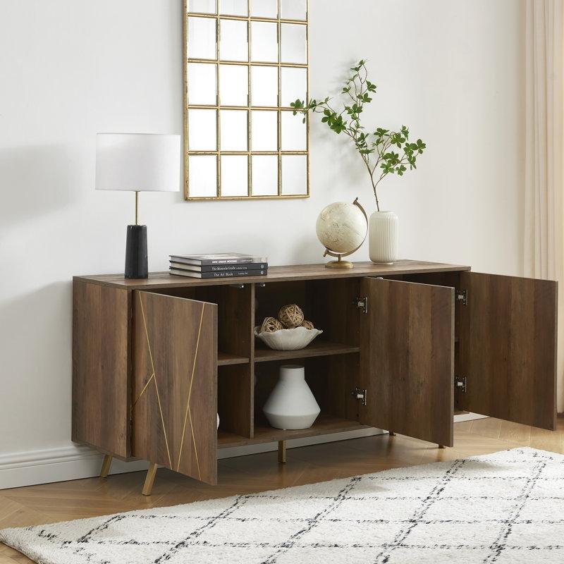 Rustik Meşe Endüstriyel Ahşap 3 Kapaklı Kablo Yönetimli Gold Konsol - 161x41x74 cm - 128992