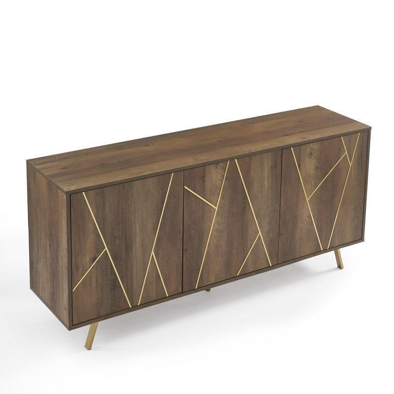 Rustik Meşe Endüstriyel Ahşap 3 Kapaklı Kablo Yönetimli Gold Konsol - 161x41x74 cm - 128992