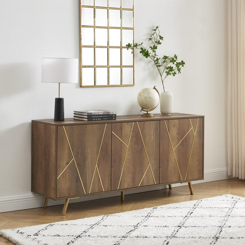 Rustik Meşe Endüstriyel Ahşap 3 Kapaklı Kablo Yönetimli Gold Konsol - 161x41x74 cm - 128992