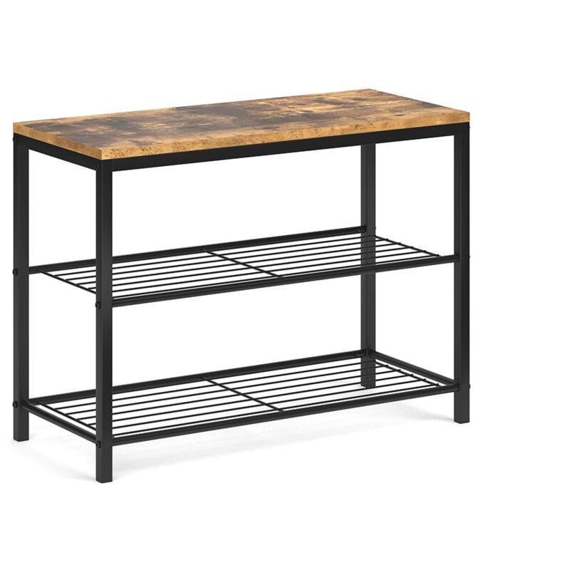 Rustik Meşe ve Siyah Metal Gövdeli 2 Raflı Endüstriyel Tasarım Puflu Ayakkabılık - 70x30x52 cm - 119844