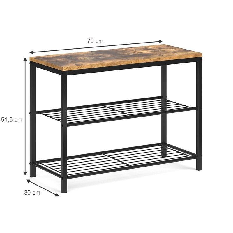 Rustik Meşe ve Siyah Metal Gövdeli 2 Raflı Endüstriyel Tasarım Puflu Ayakkabılık - 70x30x52 cm - 119844