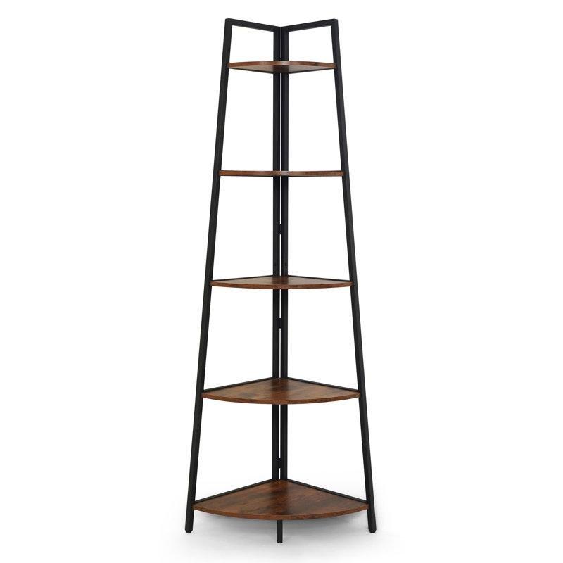 Rustik Meşe ve Siyah Metal ve Endüstriyel Ahşap 5 Raflı Köşe Kitaplık - 178x61x44 cm - 141889