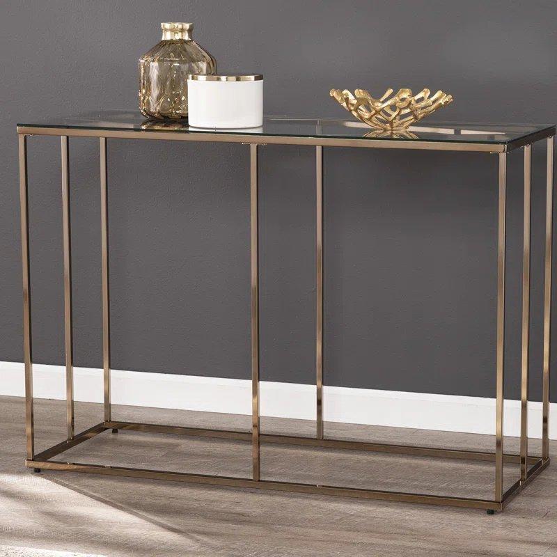 Şampanya Metal Ayaklı Geometrik Desenli Cam Dresuar - 107x41x75 cm - 131674