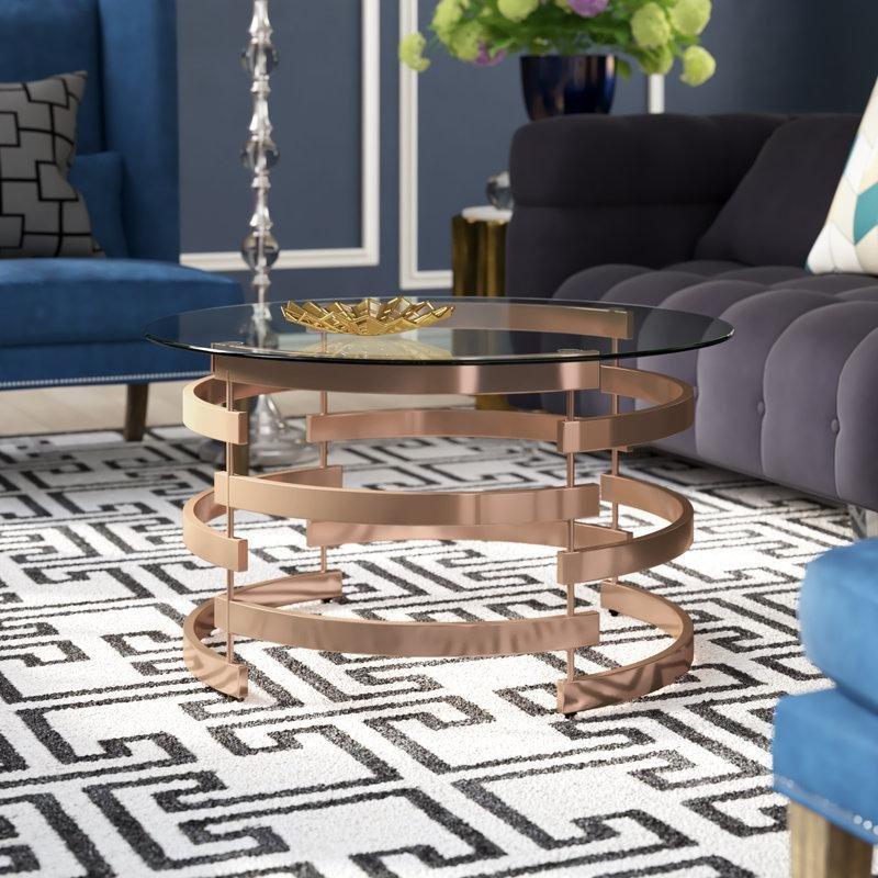 Şampanya Renk Demir Silindirik Geometrik Tabanlı Ferforje Cam Sehpa-82x82x47 cm - 117396