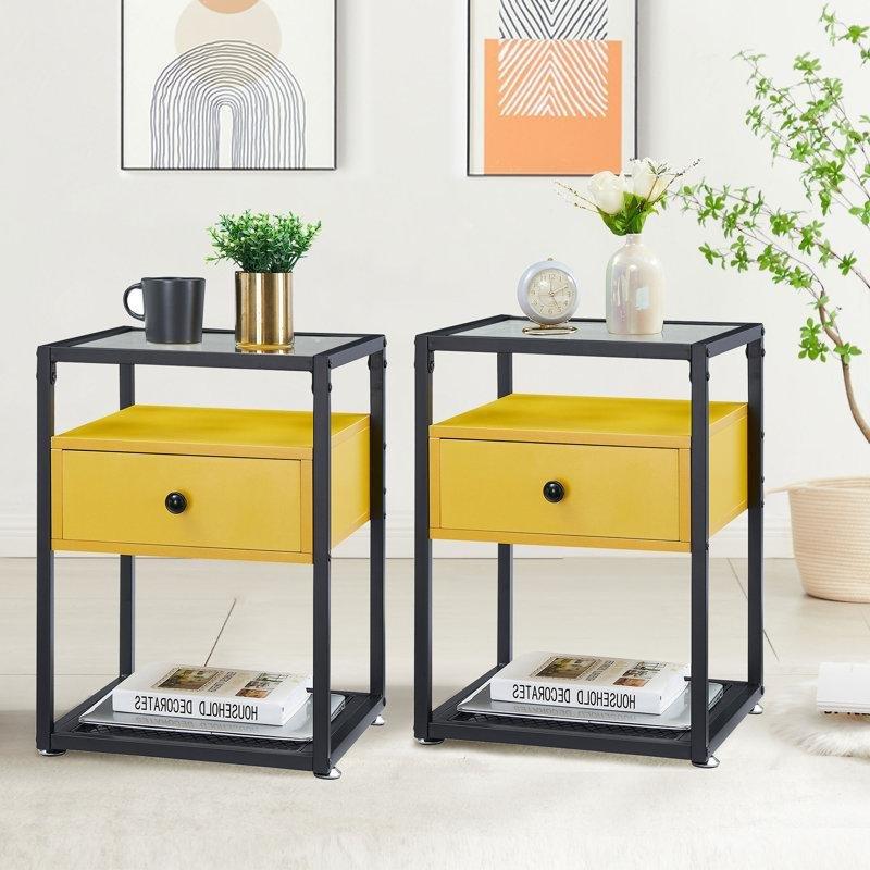 Sarı Metal ve Cam Raflı İkili Komodin - 40x40x56 cm - 128104