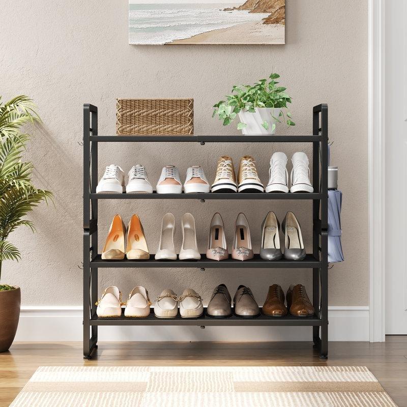 Saten Siyah Metal Genişletilebilir ve İstiflenebilir 4 Katlı Ferforje Ayakkabılık - 81x30x86 cm - 121192