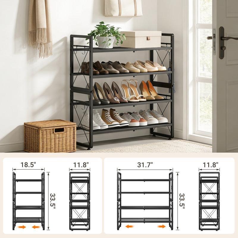 Saten Siyah Metal Genişletilebilir ve İstiflenebilir 4 Katlı Ferforje Ayakkabılık - 81x30x86 cm - 121192