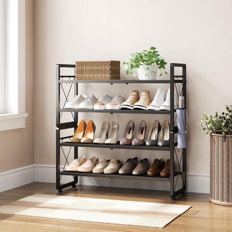 Saten Siyah Metal Genişletilebilir ve İstiflenebilir 4 Katlı Ferforje Ayakkabılık - 81x30x86 cm - 121192