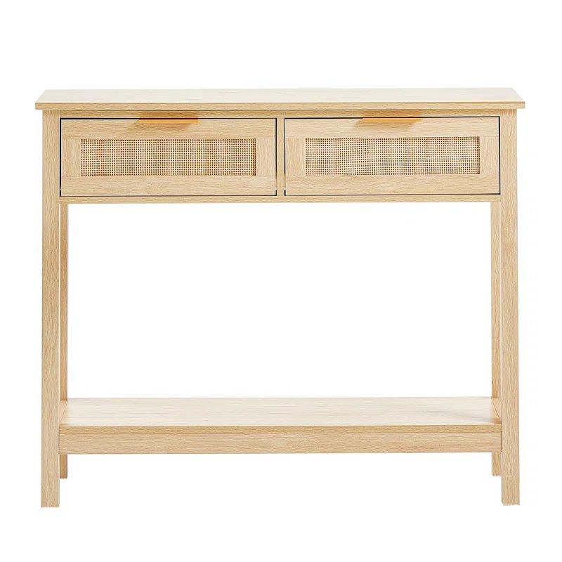 Satin Siyah Masif Ahşap ve Rattan 2 Çekmeceli Bohem Dresuar - 100 cm - 131570