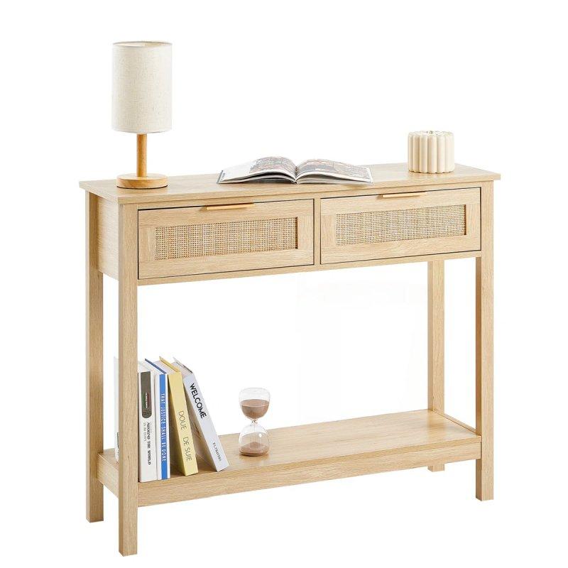 Satin Siyah Masif Ahşap ve Rattan 2 Çekmeceli Bohem Dresuar - 100 cm - 131570