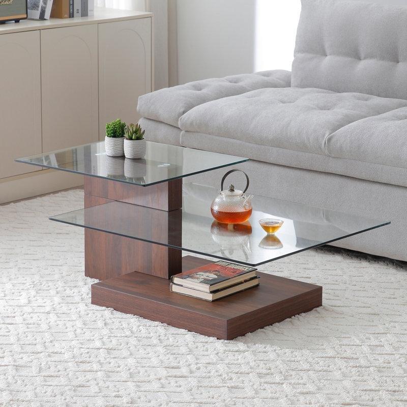 Şeffaf Cam 3 Katlı Raflı Ceviz Cam Sehpa-112x71x45 cm - 117297