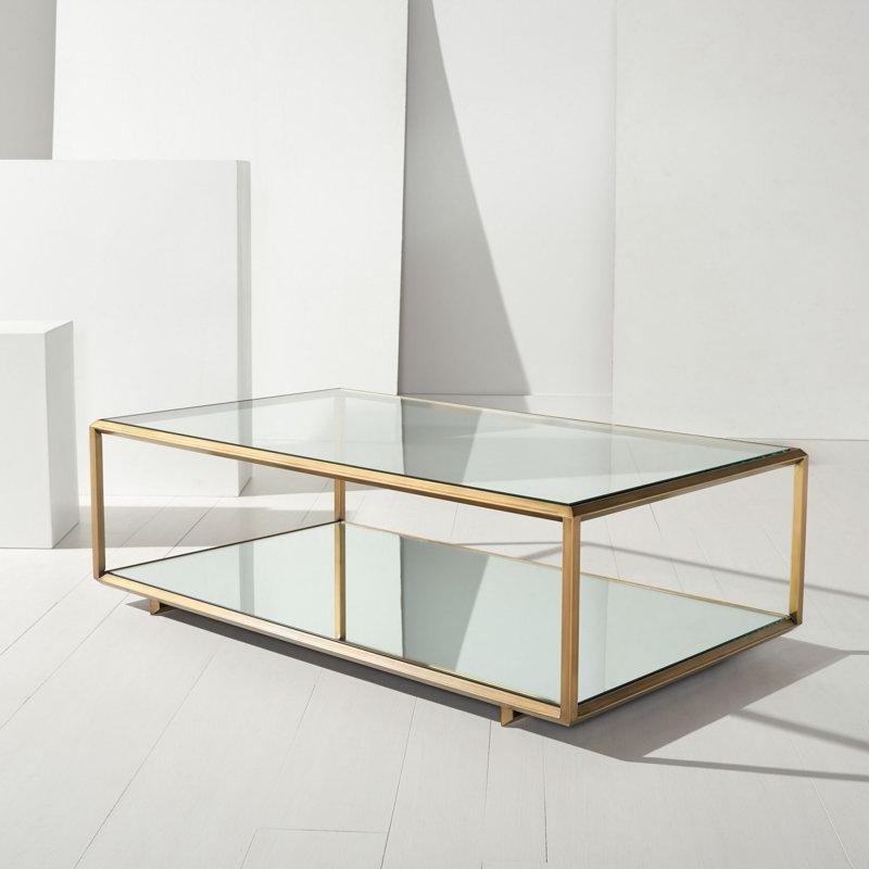 Şeffaf Cam Bronz Demir Raflı Aynalı Cam Sehpa-38x122x72 cm - 117009
