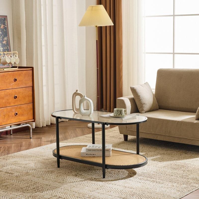 Şeffaf Cam Çift Katlı Ferforje Cam Sehpa-47x97x50 cm - 117354