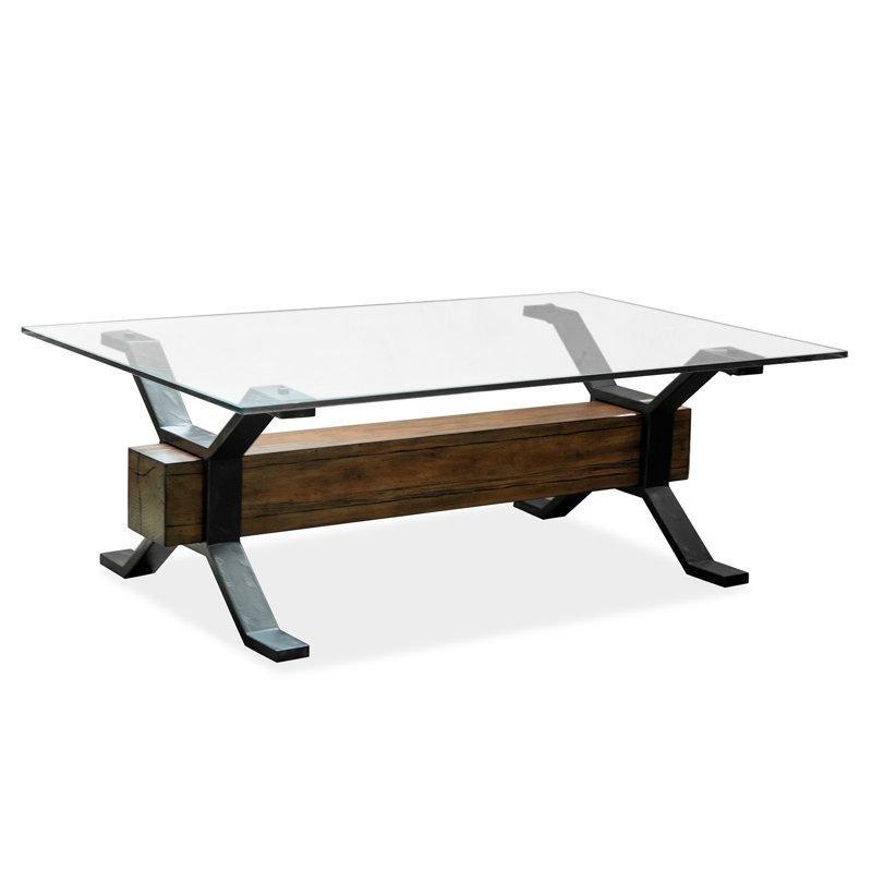 Şeffaf Cam Geri Dönüştürülmüş Ahşap X Ayaklı Cam Sehpa-44x122x77 cm - 117222
