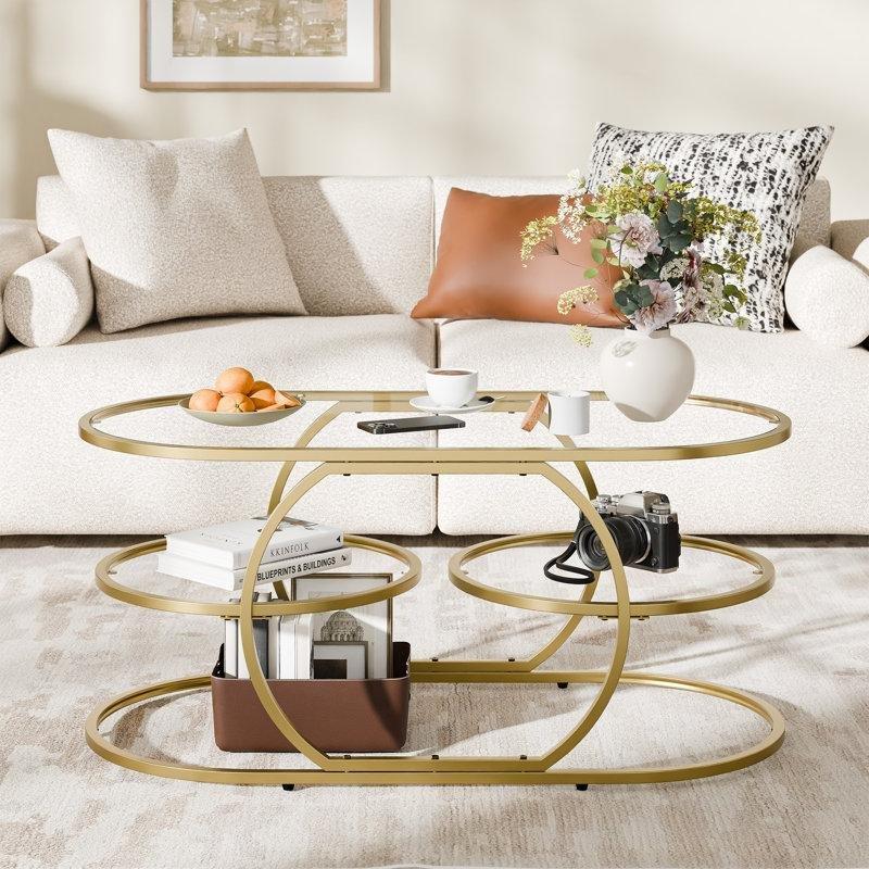 Şeffaf Cam Gold Metal Ayaklı İki Katlı Modern Cam Sehpa-102x51x46 cm - 117714