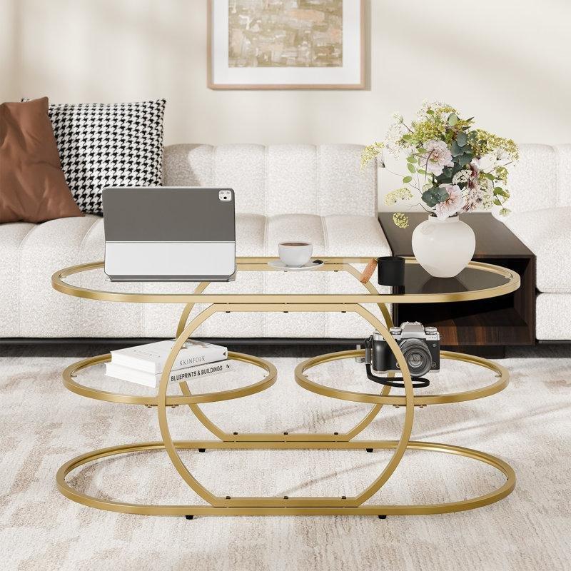 Şeffaf Cam Gold Metal Ayaklı İki Katlı Modern Cam Sehpa-102x51x46 cm - 117714