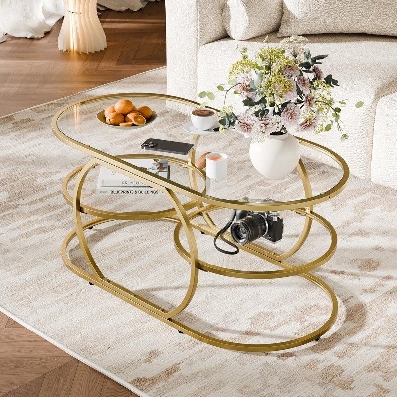 Şeffaf Cam Gold Metal Ayaklı İki Katlı Modern Cam Sehpa-102x51x46 cm - 117714