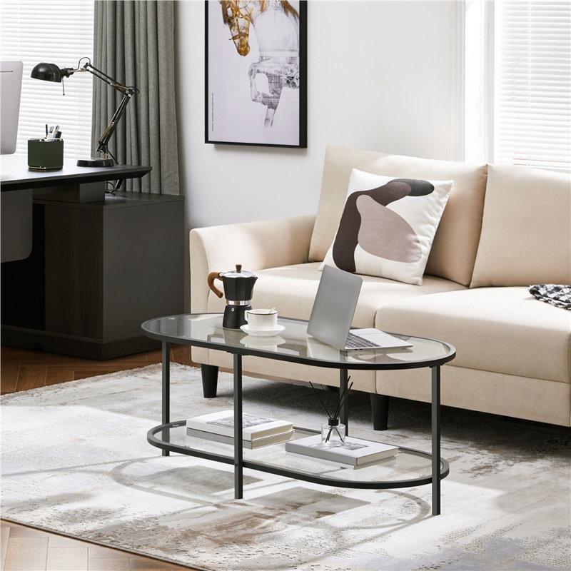 Şeffaf Cam İki Katlı Ferforje Cam Sehpa-45x106x51 cm - 117348