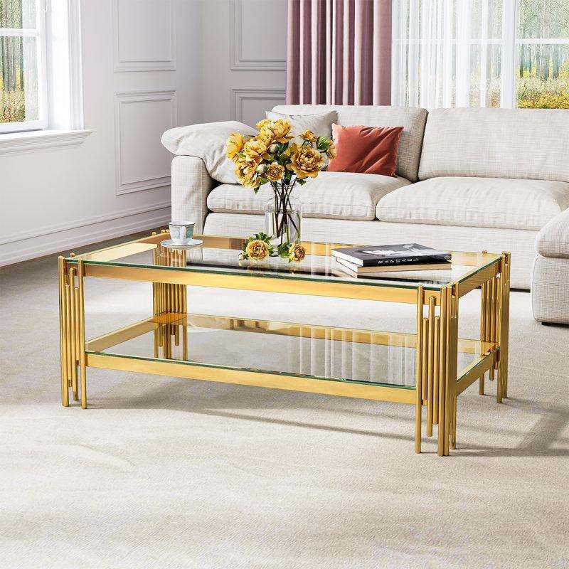 Şeffaf Cam İki Katlı Raflı Cam Sehpa-45x120x60 cm - 117204