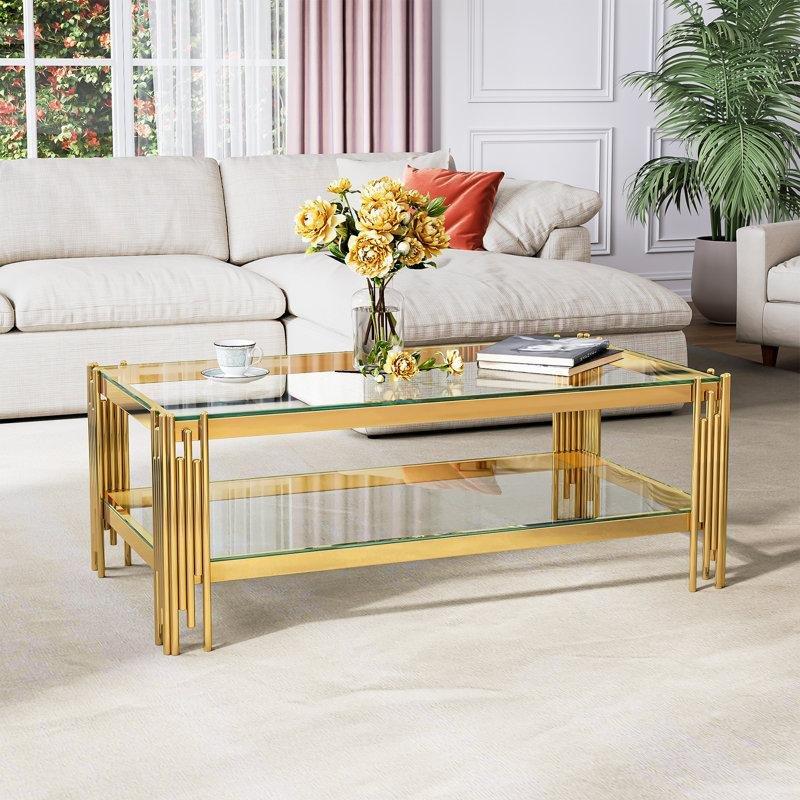 Şeffaf Cam İki Katlı Raflı Cam Sehpa-45x120x60 cm - 117204