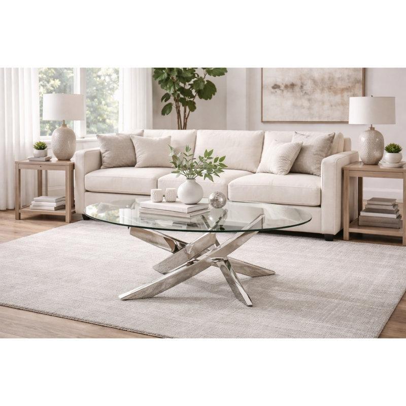 Şeffaf Cam Krom Metal Çapraz Ayaklı Oval Cam Sehpa-120x70x43 cm - 117180