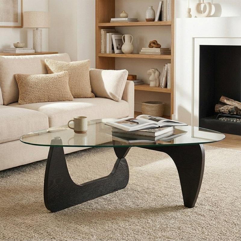 Şeffaf Cam Masif Ahşap Üçgen Cam Sehpa-114x85x42 cm - 117156
