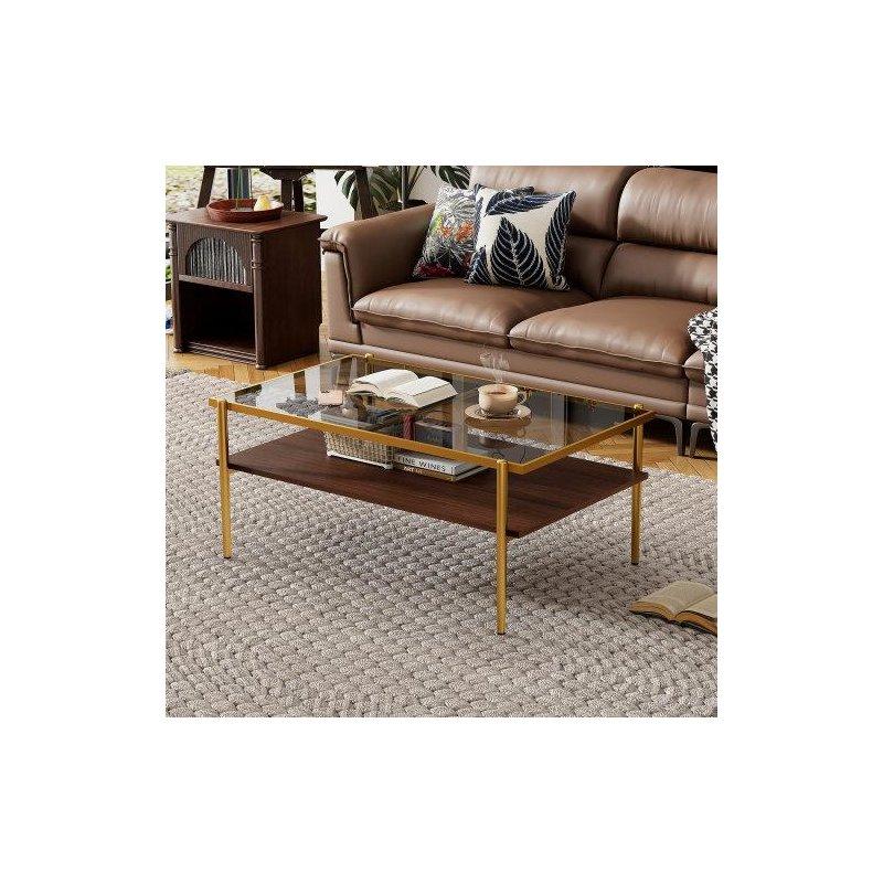 Şeffaf Cam Raflı Ceviz Cam Sehpa-98x62x46 cm - 117267