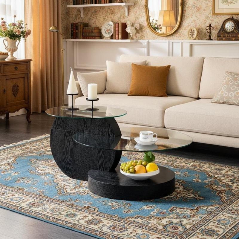 Şeffaf Cam Siyah 3 Katlı Raflı Modern Cam Sehpa-45x70x90 cm - 117705