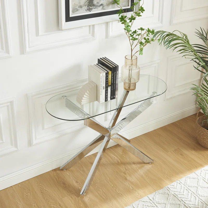 Şeffaf Cam ve Metal Ayaklı Oval Tasarım Cam Dresuar - 116x45x75 cm - 131651