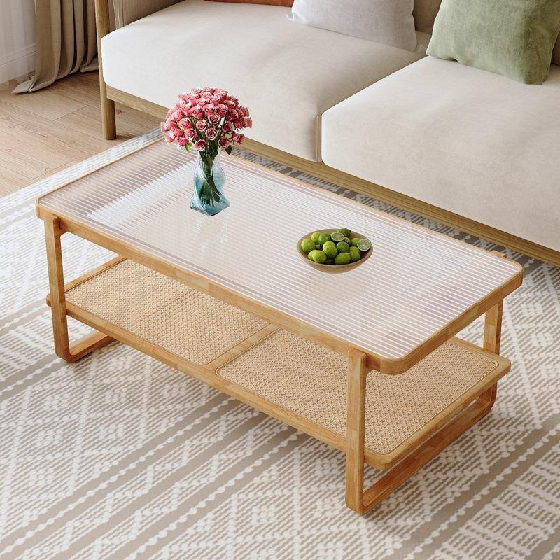 Şeffaf Endüstriyel Ahşap Hasır Raflı İki Katlı Cam Sehpa-45x53x116 cm - 117576