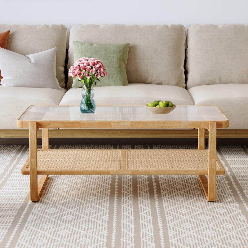 Şeffaf Endüstriyel Ahşap Hasır Raflı İki Katlı Cam Sehpa-45x53x116 cm - 117576