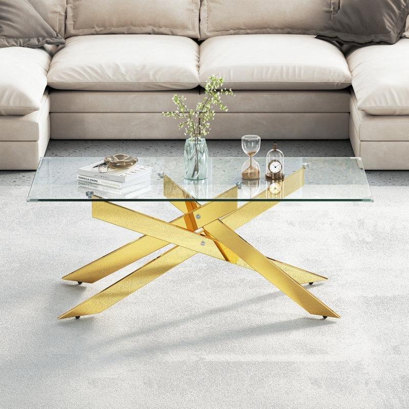 Şeffaf Temperli Cam Çapraz Ayaklı Ferforje Cam Sehpa-120x60x46 cm - 117339