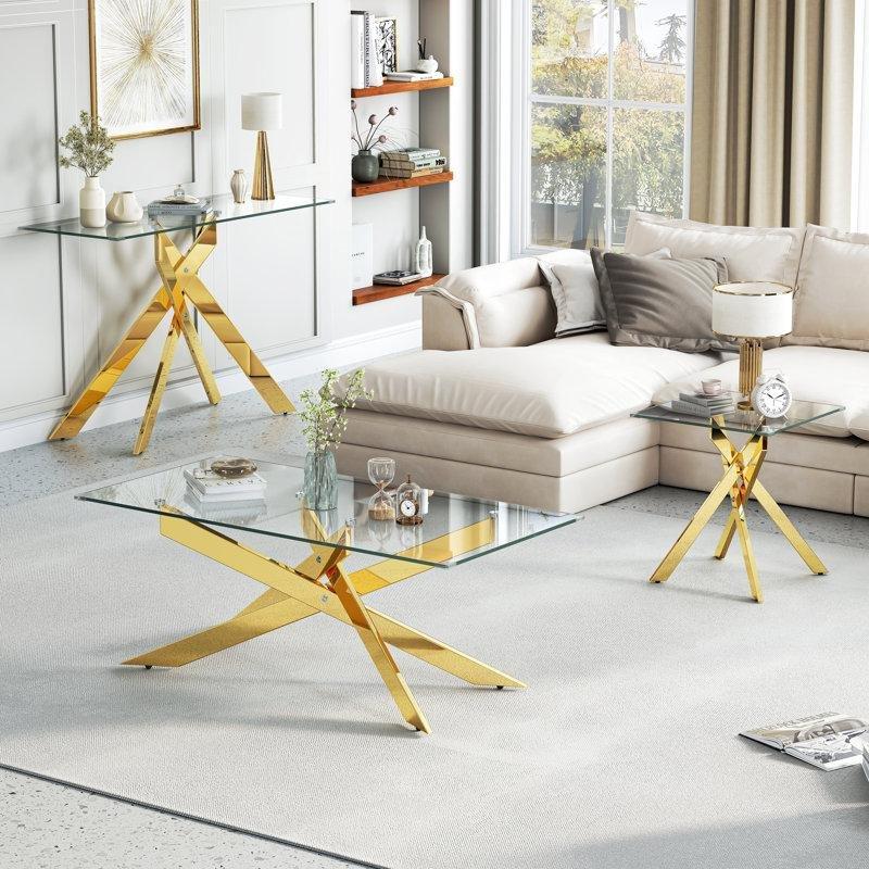 Şeffaf Temperli Cam Çapraz Ayaklı Ferforje Cam Sehpa-120x60x46 cm - 117339