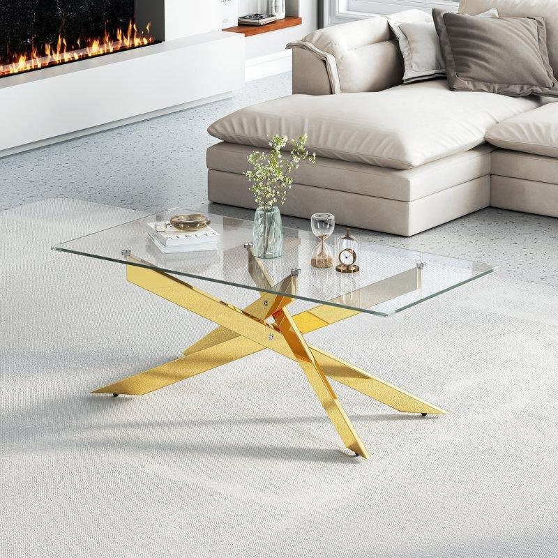 Şeffaf Temperli Cam Çapraz Ayaklı Ferforje Cam Sehpa-120x60x46 cm - 117339