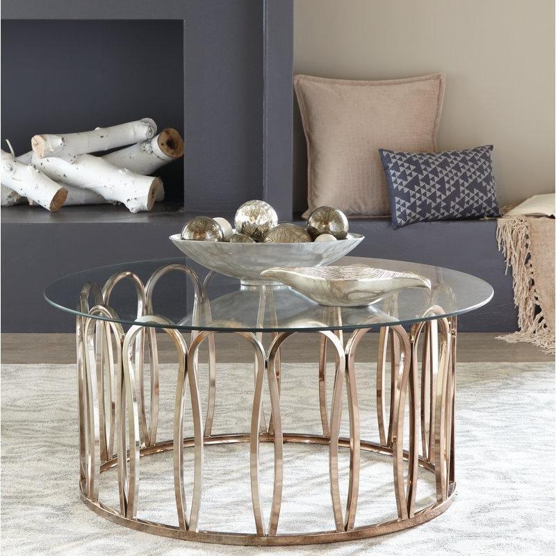 Şeffaf Temperli Cam Gold Çelik Çerçeveli Yuvarlak Cam Sehpa-48x100x100 cm - 117798