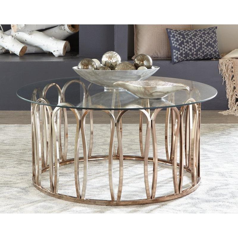Şeffaf Temperli Cam Gold Çelik Çerçeveli Yuvarlak Cam Sehpa-48x100x100 cm - 117798