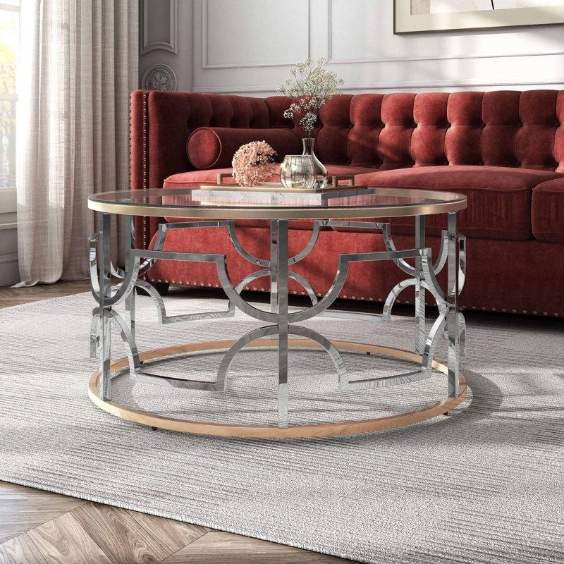 Şeffaf Temperli Cam Gold Krom Çelik Tabanlı Yuvarlak Cam Sehpa-47x92x92 cm - 117804