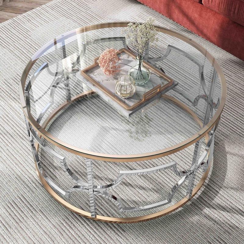 Şeffaf Temperli Cam Gold Krom Çelik Tabanlı Yuvarlak Cam Sehpa-47x92x92 cm - 117804