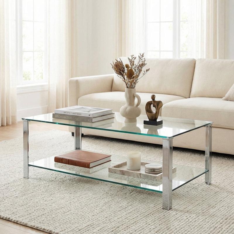 Şeffaf Temperli Cam İki Katlı Modern Cam Sehpa-40x121x63 cm - 117699